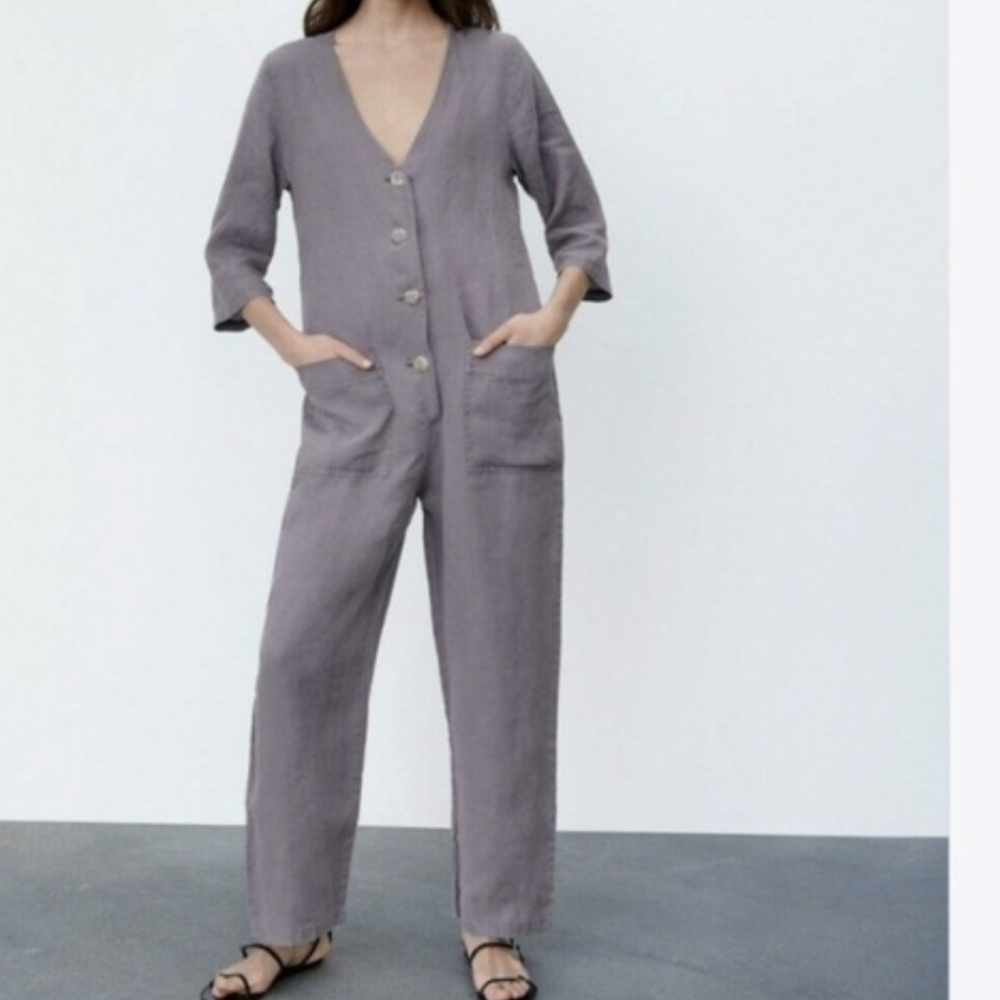 Zara Jumpsuit Women's Large Gray Linen Long Boilersuit Minimalist Lagenlook